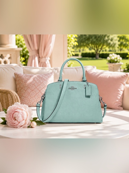 Coach Handbags - COACH Mini Lillie Carryall Light Teal Crossgrain Leather Satchel Crossbody